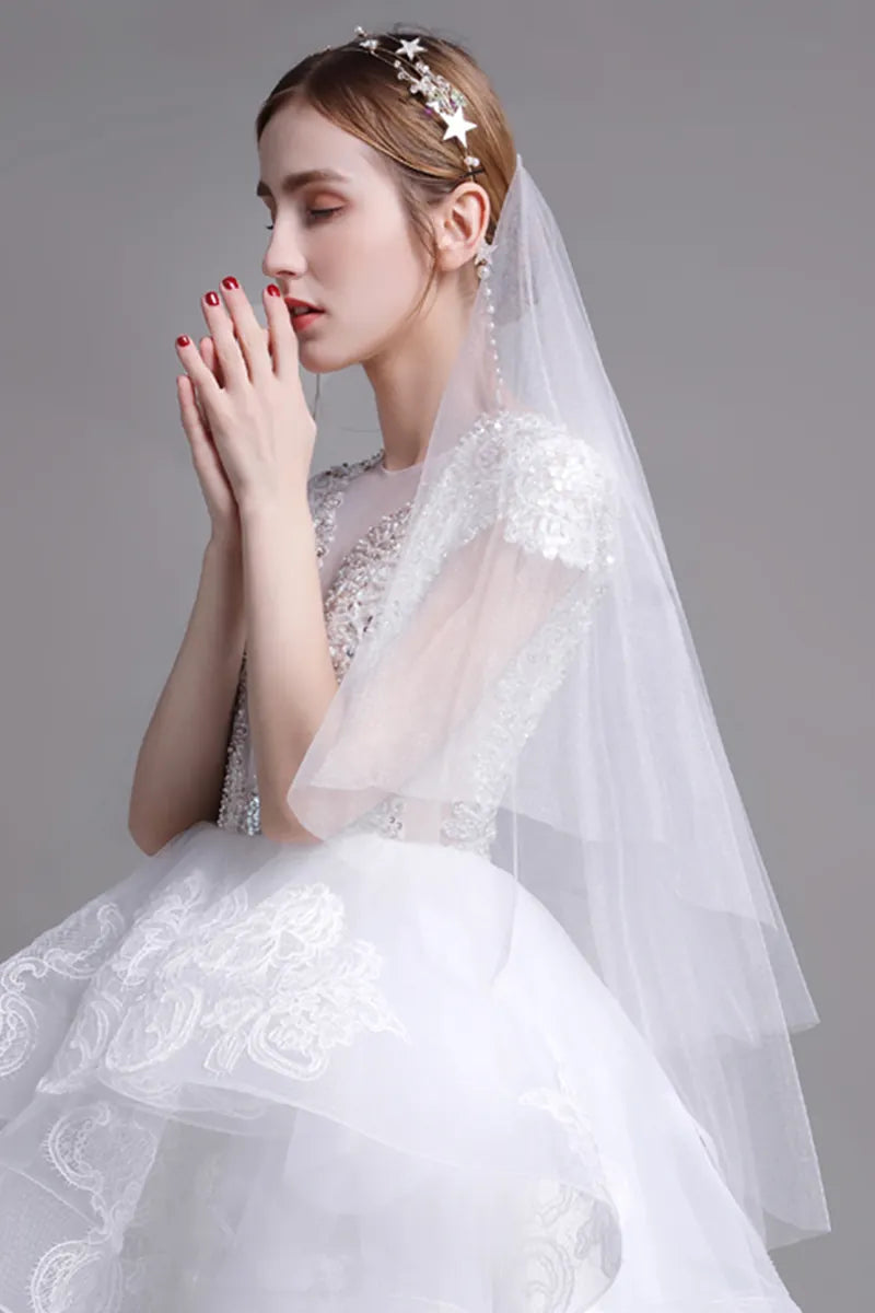 Voile Court Mariée Double-Couche Peigne Perlé