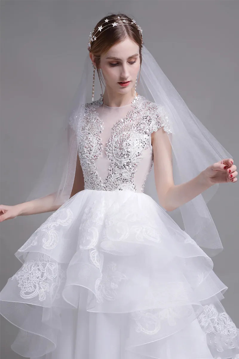 Voile Court Mariée Double-Couche Peigne Perlé
