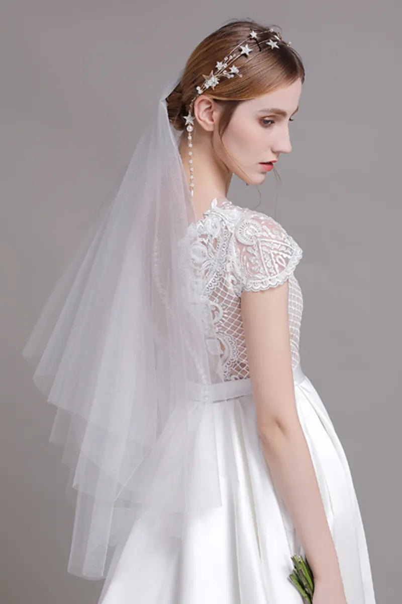 Voile Court Mariée Double-Couche Peigne Perlé