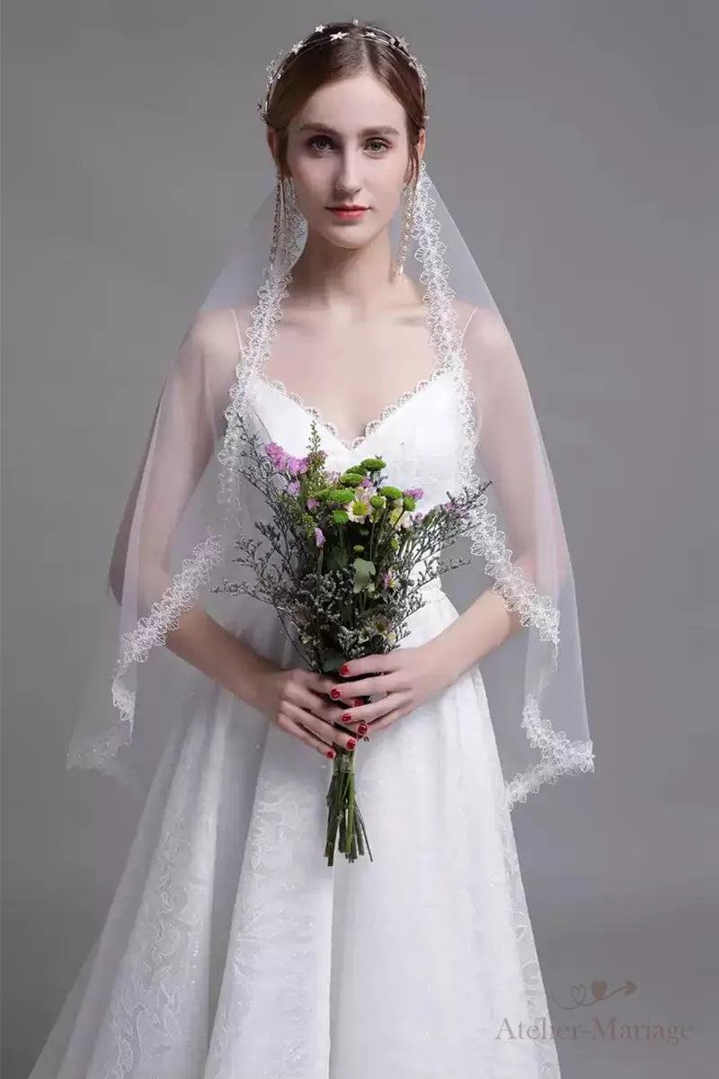 Voile de mariée blanc 90 cm en dentelle avec peigne perlé
