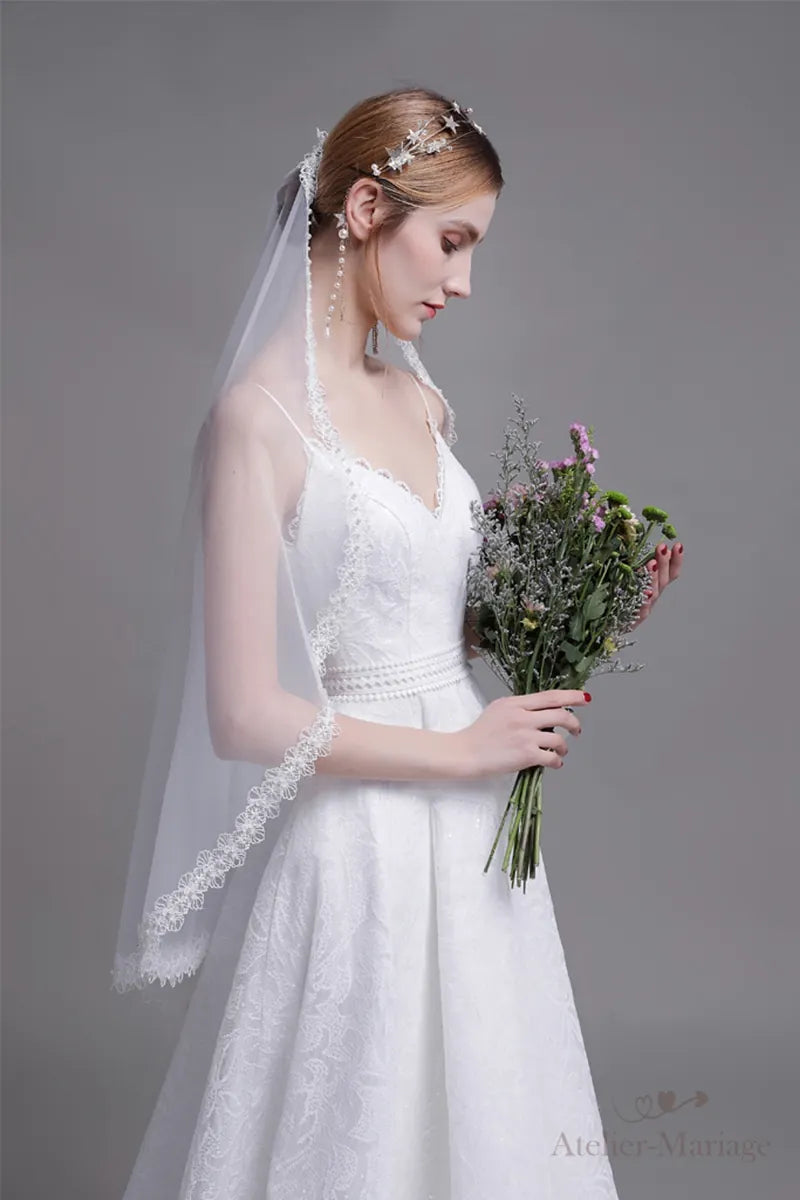 Voile Dentelle Mariée avec Peigne Perlé 90cm