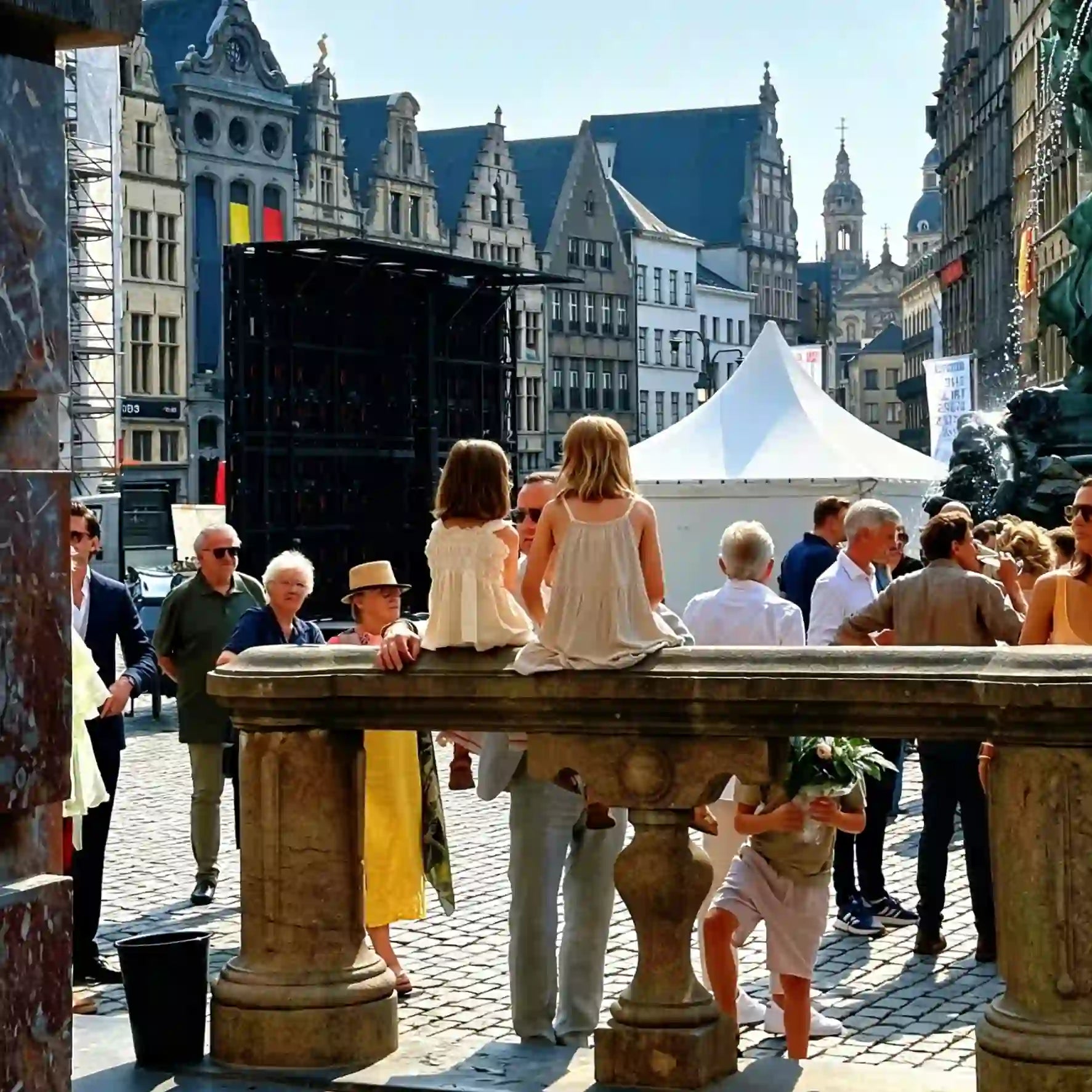 Invités et enfants profitant d'une ambiance de mariage bohème et décontractée sur la célèbre Grote Markt d'Anvers, baignée de soleil