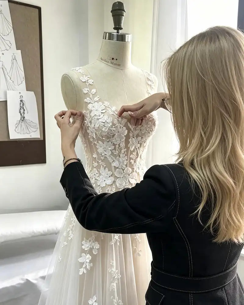 Robe de mariée bohème sur-mesure avec dentelle fine et fleurs 3D, atelier artisanal