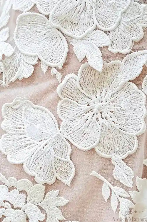 Détail de la dentelle blanche sur tulle transparent avec doublure chair (nude), créant un effet seconde peau sensuel et élégant.