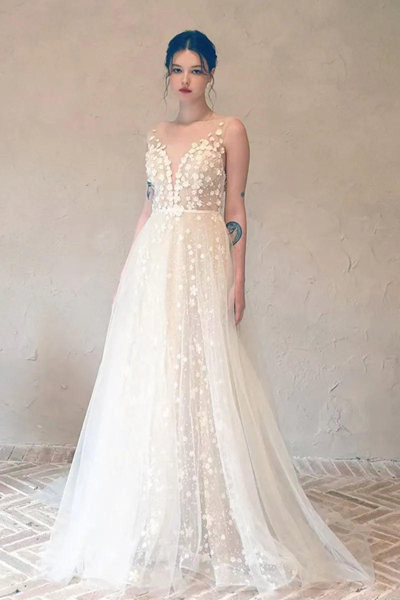 Robe de Mariée Fleurie Décolleté Dos Nu Dentelle