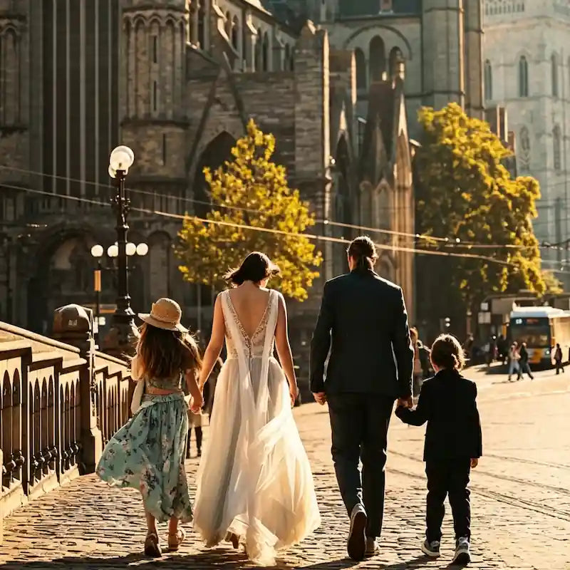 Famille de jeunes mariés marchant main dans la main sur les pavés de Gand au coucher du soleil, la robe bohème contrastant avec l'imposante église gothique