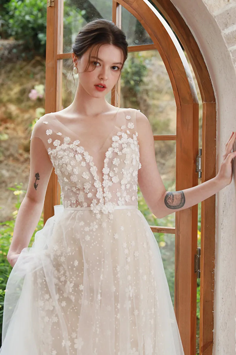 Robe de Mariée Fleurie Décolleté Dos Nu Dentelle