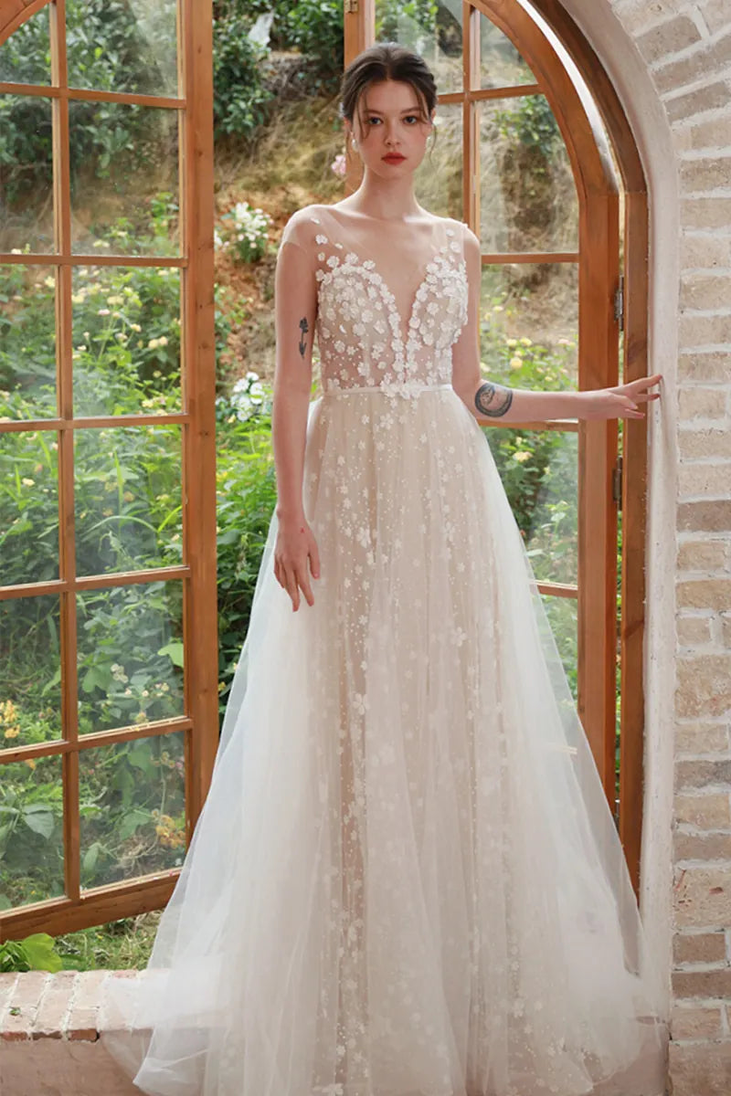 Robe de Mariée Fleurie Décolleté Dos Nu Dentelle