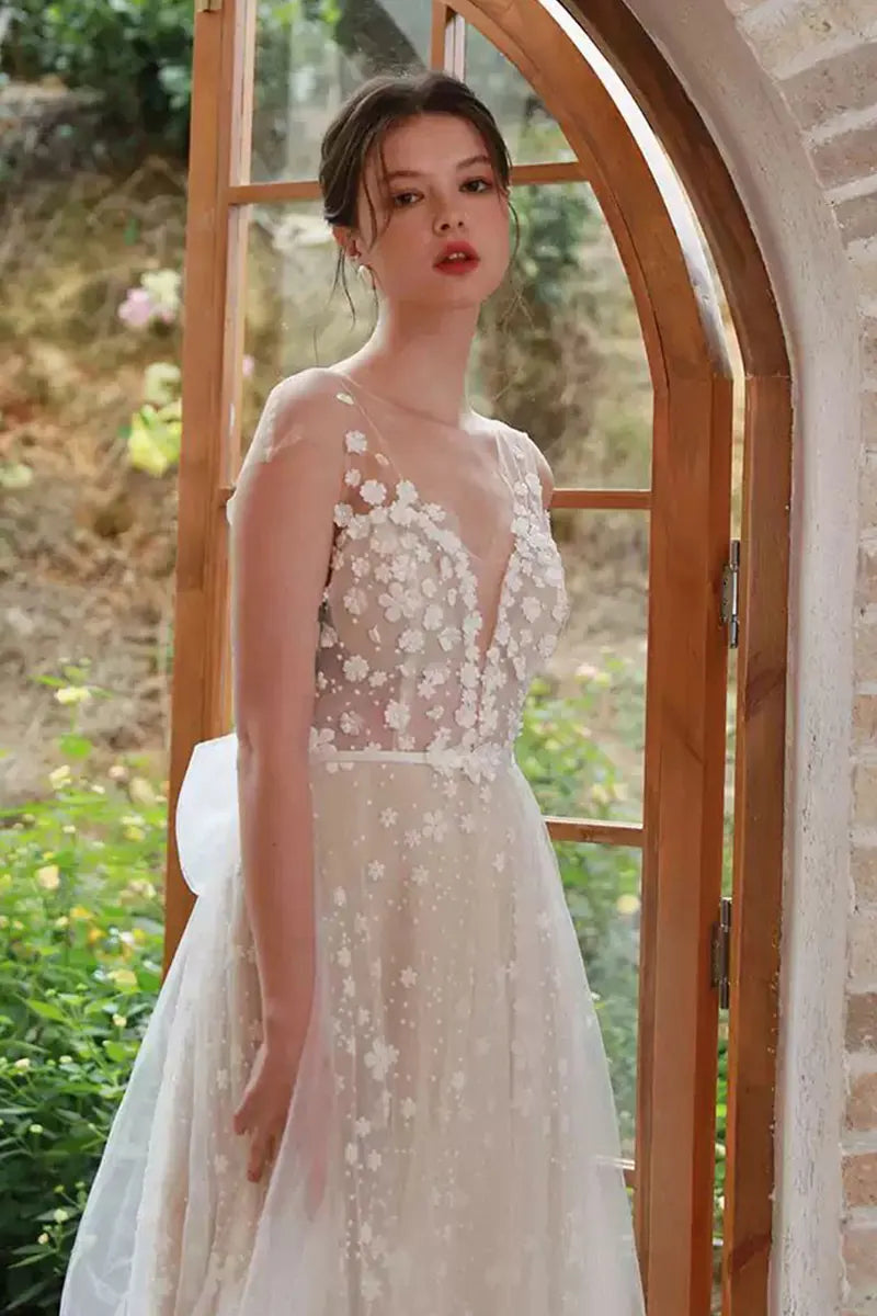 Robe de Mariée Fleurie Décolleté Dos Nu Dentelle