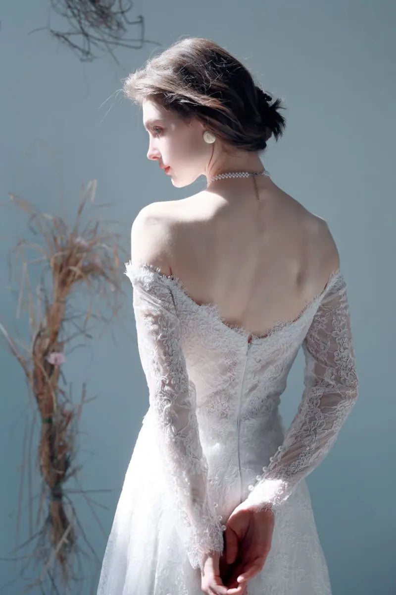 Robe Mariée Longue Manche Bohème Dentelle Dos Nu