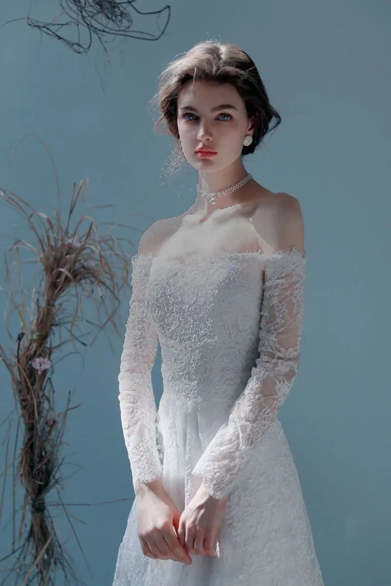 Robe Mariée Longue Manche Bohème Dentelle Dos Nu