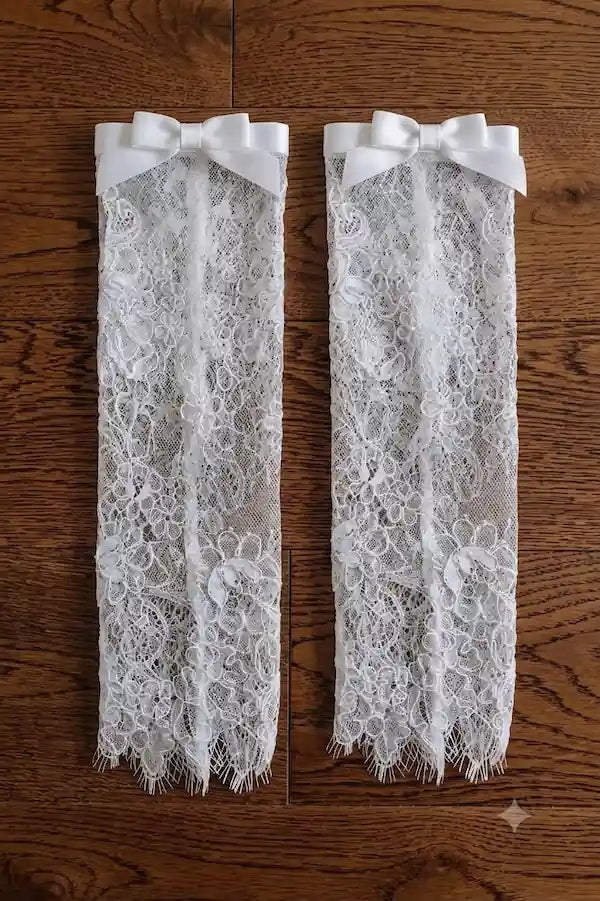 Finitions de luxe sur les manches amovibles en dentelle avec nœuds en satin pour robe de mariée.