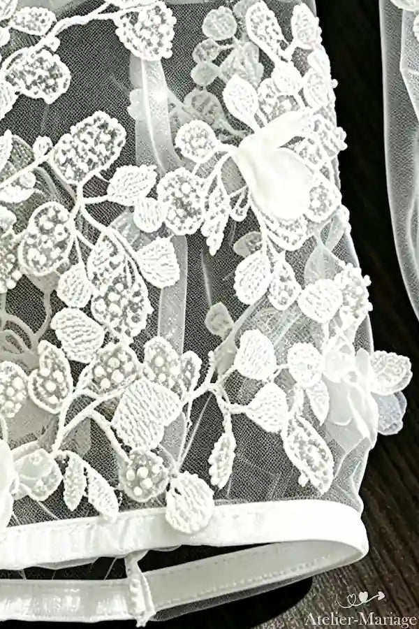 Gros plan artisanat broderie fleurie 3D et perles fines sur tulle pour manches mariage