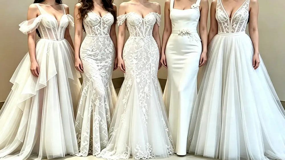 Cinq mannequins portant des robes de mariée de coupes variées sirène, évasée et fluide pour différentes morphologies - Collection 2027