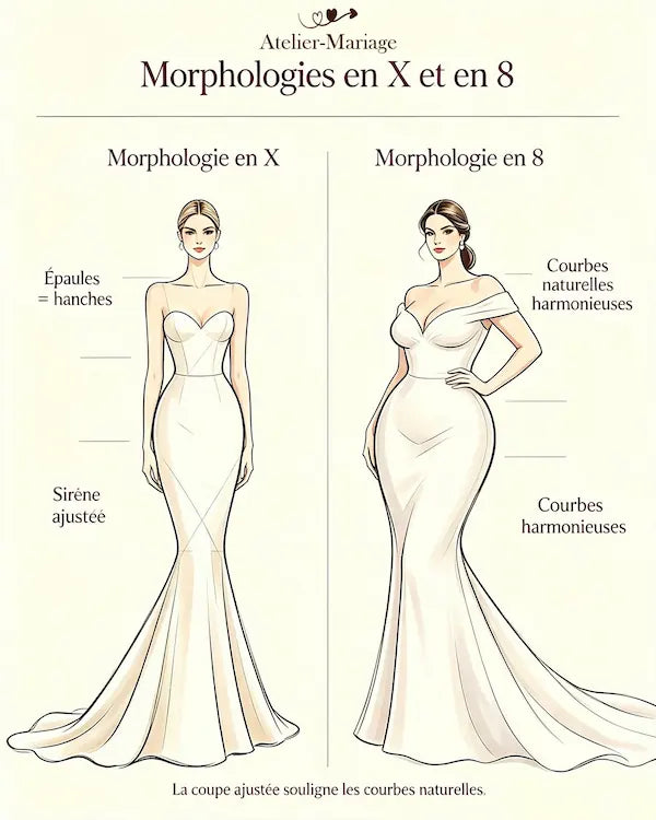Illustration schématique de la morphologie en X et 8 mettant en valeur une taille très marquée et des épaules alignées aux hanches