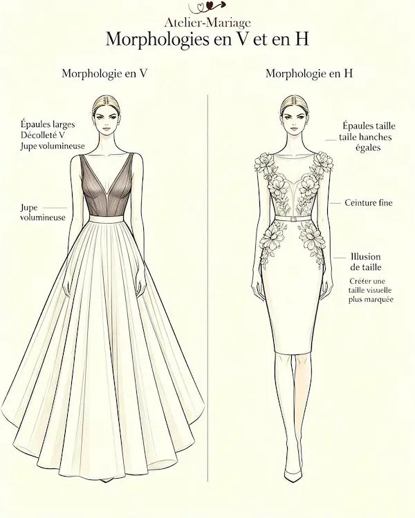 Illustration schématique comparative des silhouettes en V aux épaules larges et en H à la carrure et hanches alignées