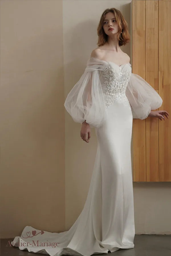 Robe de Mariée Sirène Col Bardot & Perles - "Éclat de Nacre"
