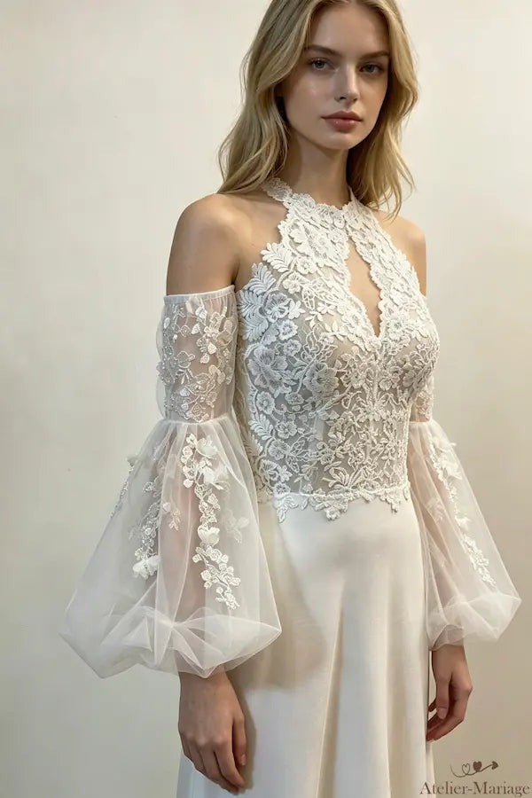 Manches amovibles bouffantes mariage forme lanterne en tulle et fleurs 3D vue de face