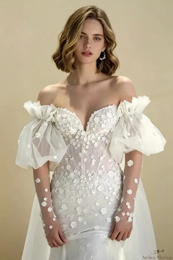 Manches amovibles bouffantes de mariée en tulle 3D et robe bustier