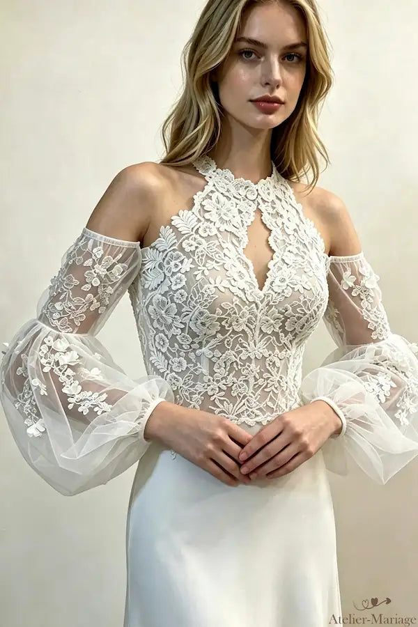 Manches amovibles dentelle fleurs 3D ajustées pour robe de mariée bustier bohème
