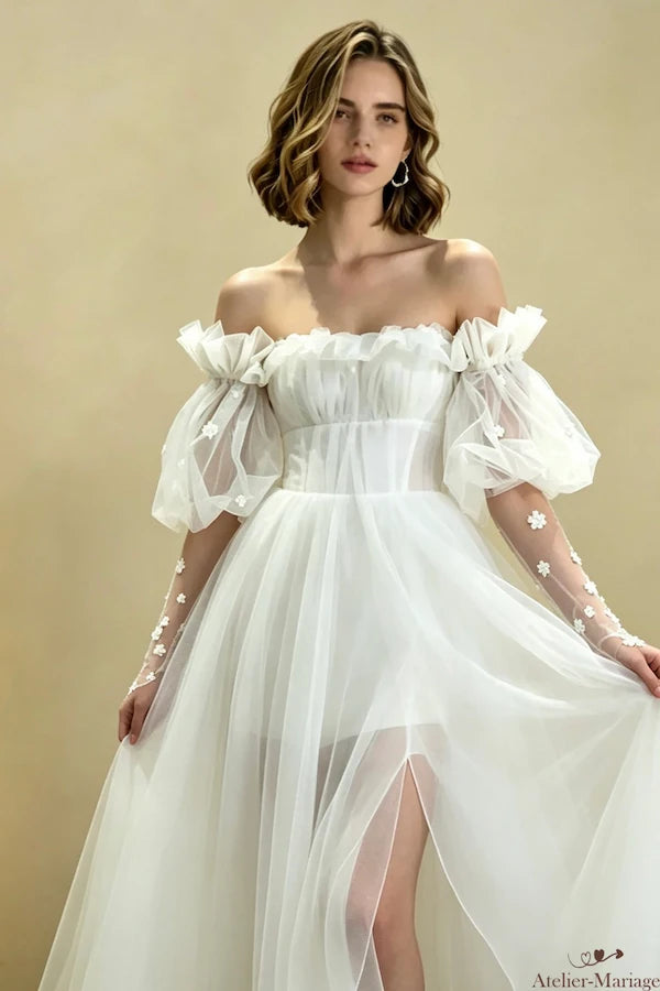 Manches bouffantes amovibles style poétique en tulle et fleurs 3D faites à la main