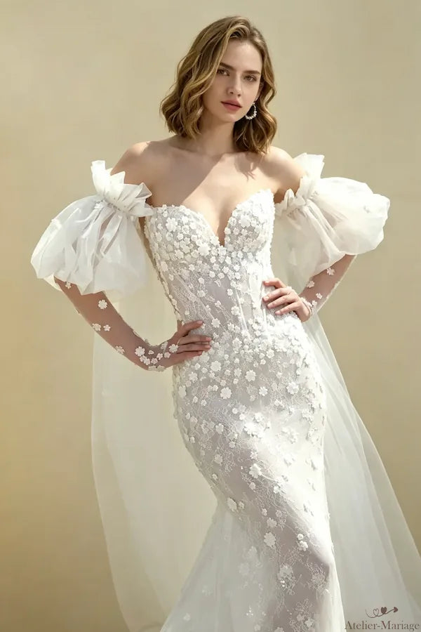 Vue de profil manches bouffantes amovibles en tulle 3D pour robe de mariée