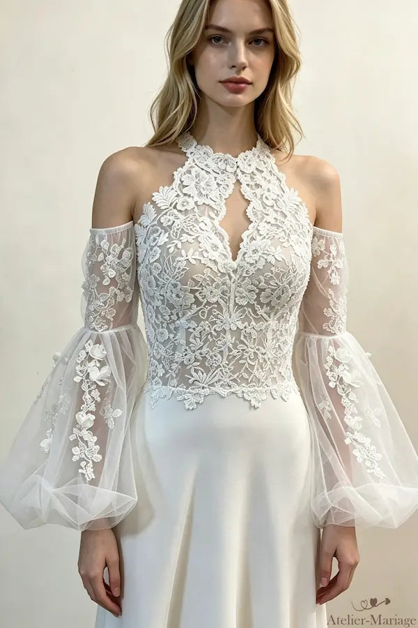 Manches amovibles style poète bouffant forme lanterne en tulle brodé pour mariée