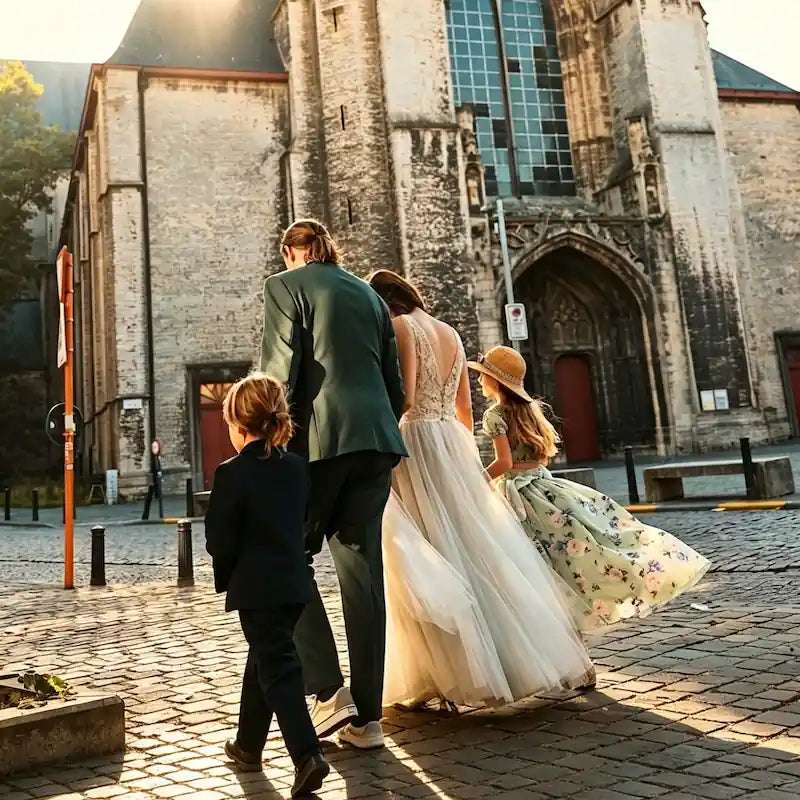 Mariée en robe bohème au dos nu délicat, marchant avec sa famille vers l'entrée majestueuse d'une église historique belge baignée de lumière