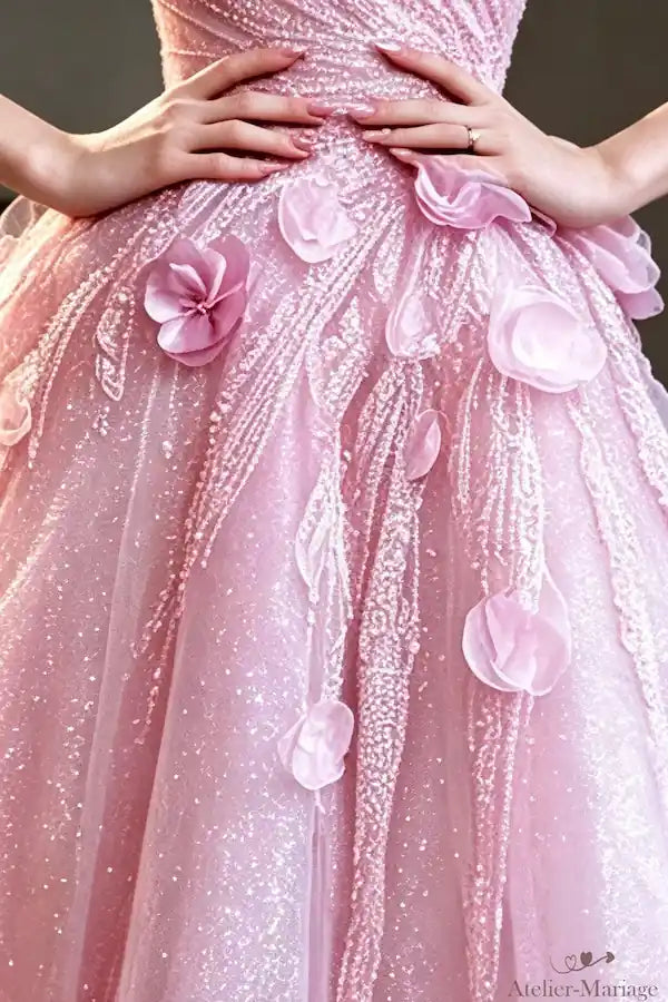 Zoom sur les pétales de fleurs 3D parsemés sur la jupe princesse rose blush.