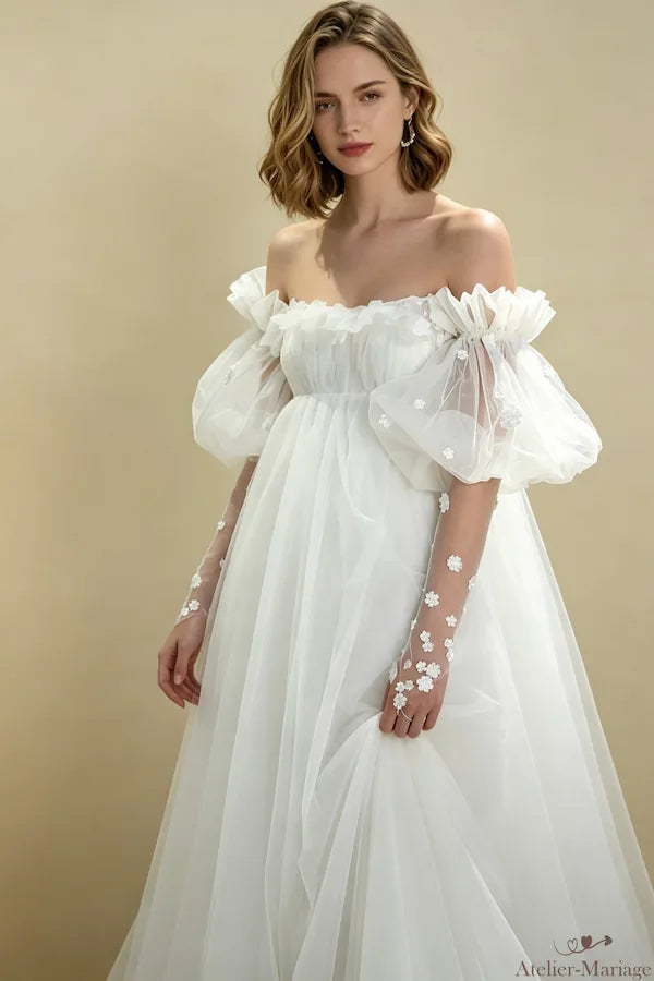 Robe de mariée bohème évasée avec manches amovibles bouffantes en tulle 3D