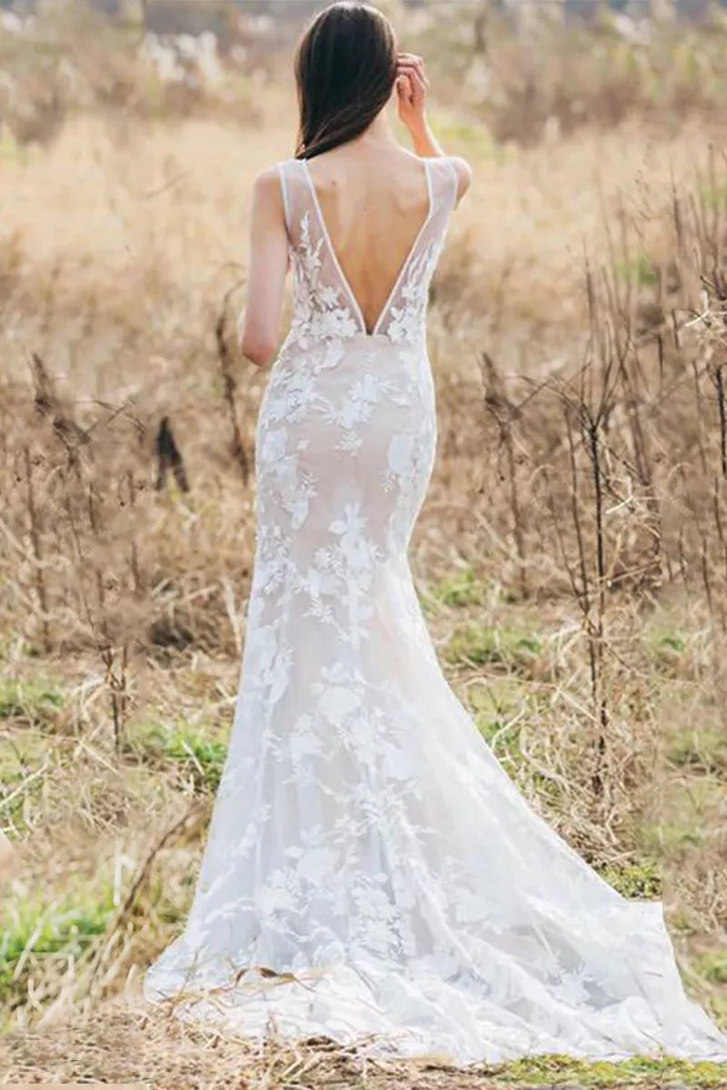 Dos de robe de mariée bohème dos nu sirène en dentelle