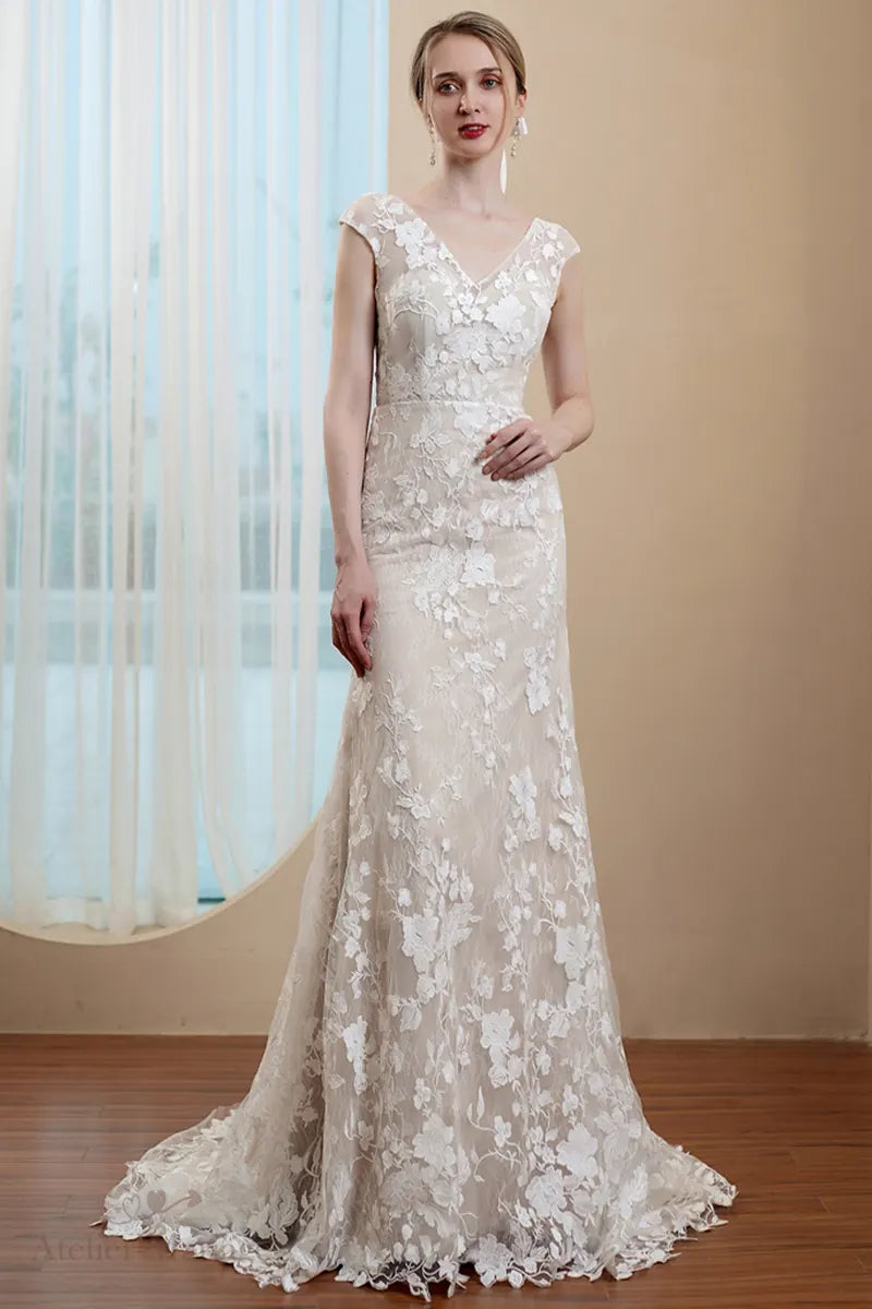 Robe de mariée bohème vintage en dentelle dos nu, élégante
