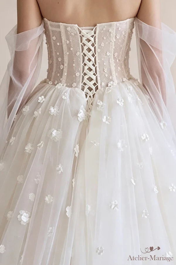 Gros plan sur la dentelle délicate de la robe de mariée Atelier-Mariage