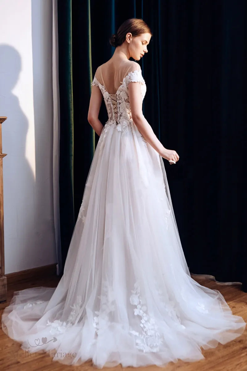 Robe de mariée col bateau en dentelle bohème champêtre très belle