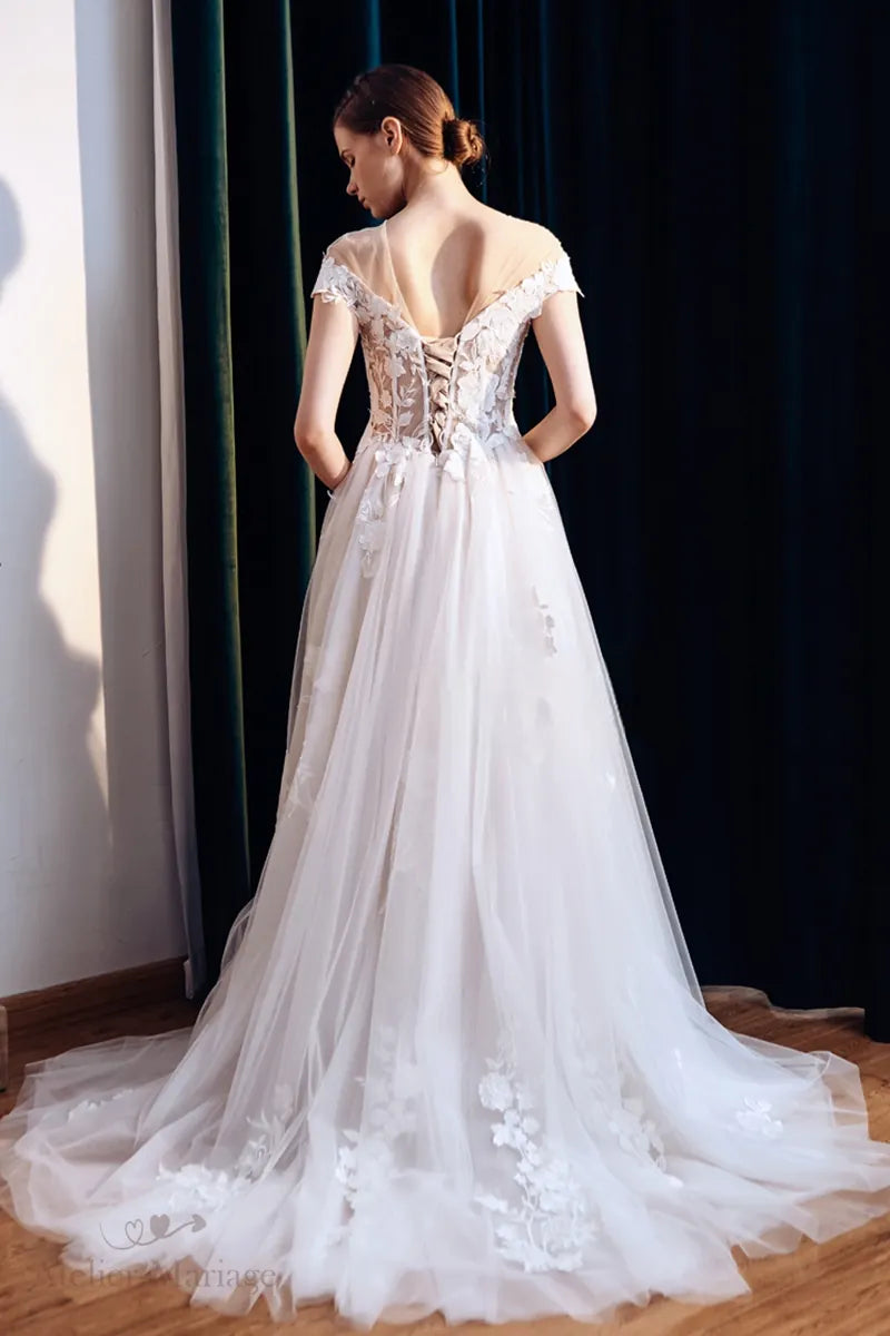 Dos haut de robe de mariée col bateau en dentelle bohème champêtre