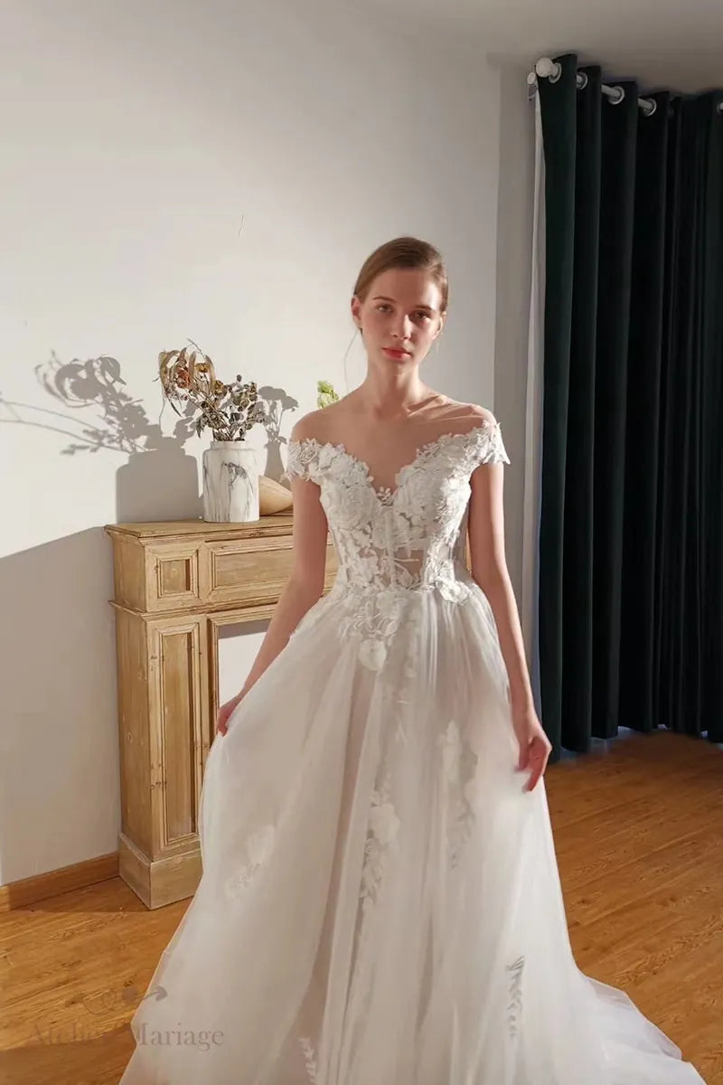 Jupe de robe de mariée col bateau en dentelle bohème champêtre