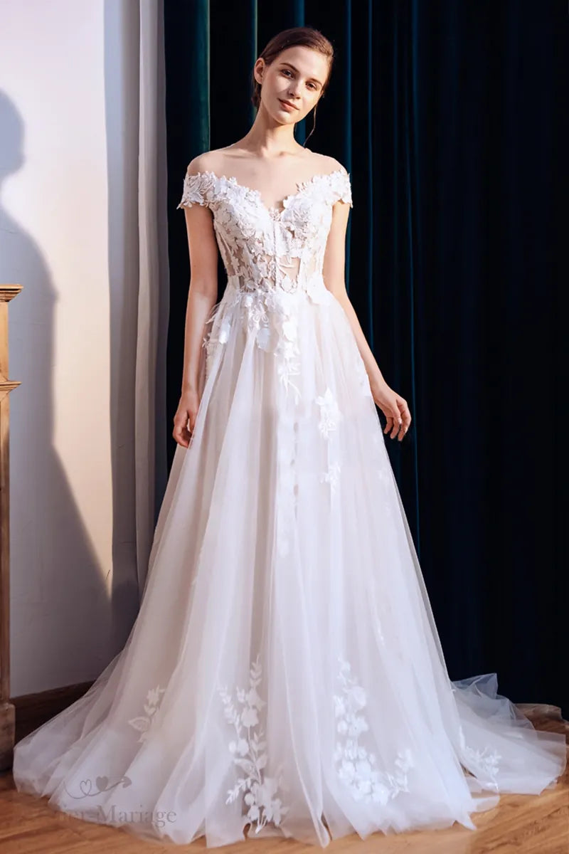 Robe de mariée col bateau en dentelle bohème champêtre élégante