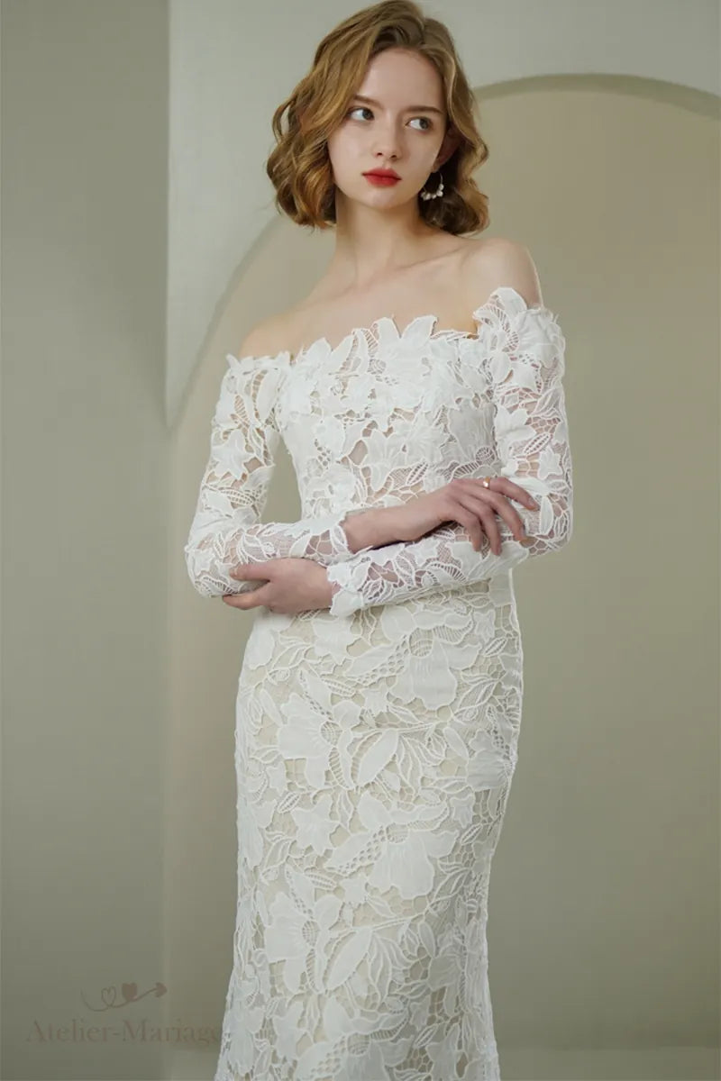 Manches et épaules de robe de mariée en dentelle à manches longues col Bardot