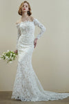 Robe de Mariée Dentelle Manche Longue Col Bardot