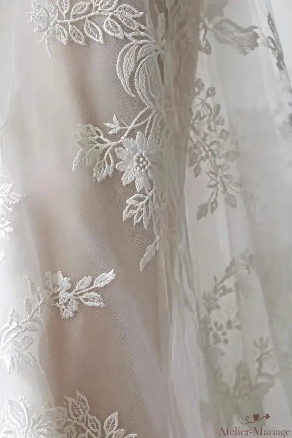 Détail de la dentelle brodée à la main sur tulle transparent haut de gamme