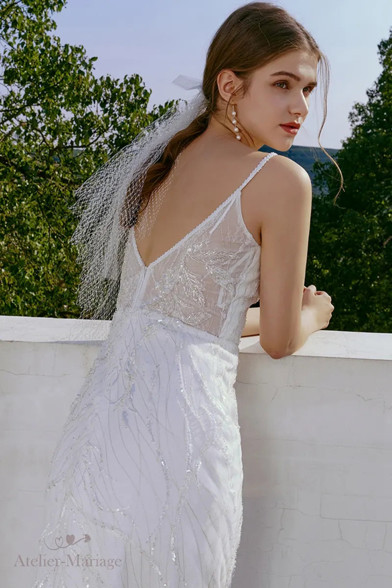Haut de robe de mariée dos nu bohème en dentelle avec paillettes
