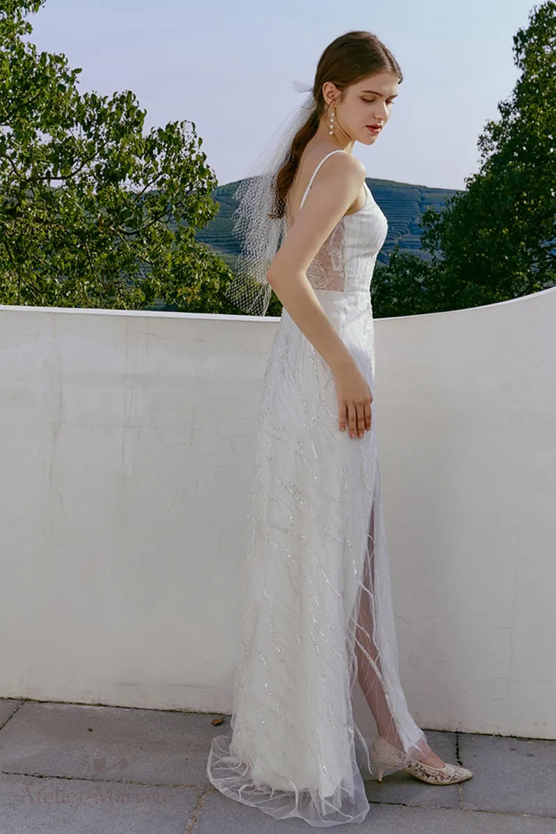 Profil de robe de mariée dos nu bohème en dentelle avec paillettes