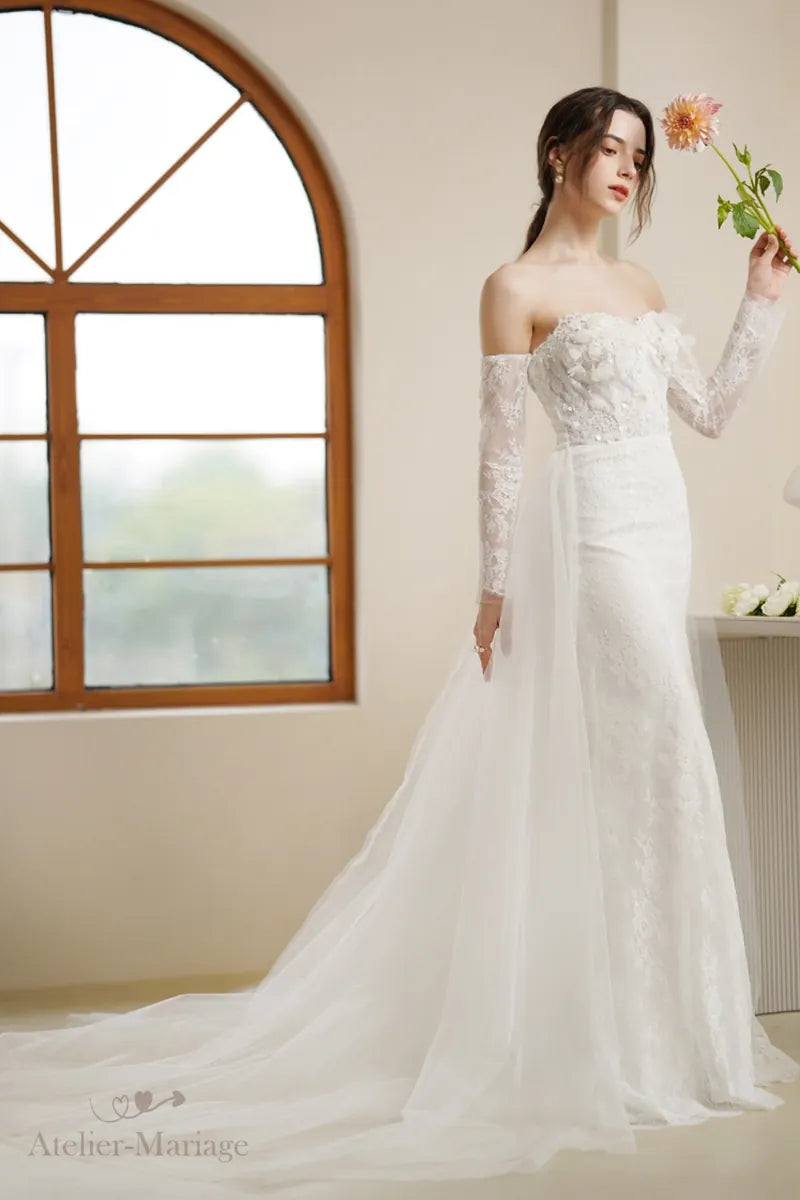Grande jupe de robe de mariée manche longue bohème champêtre