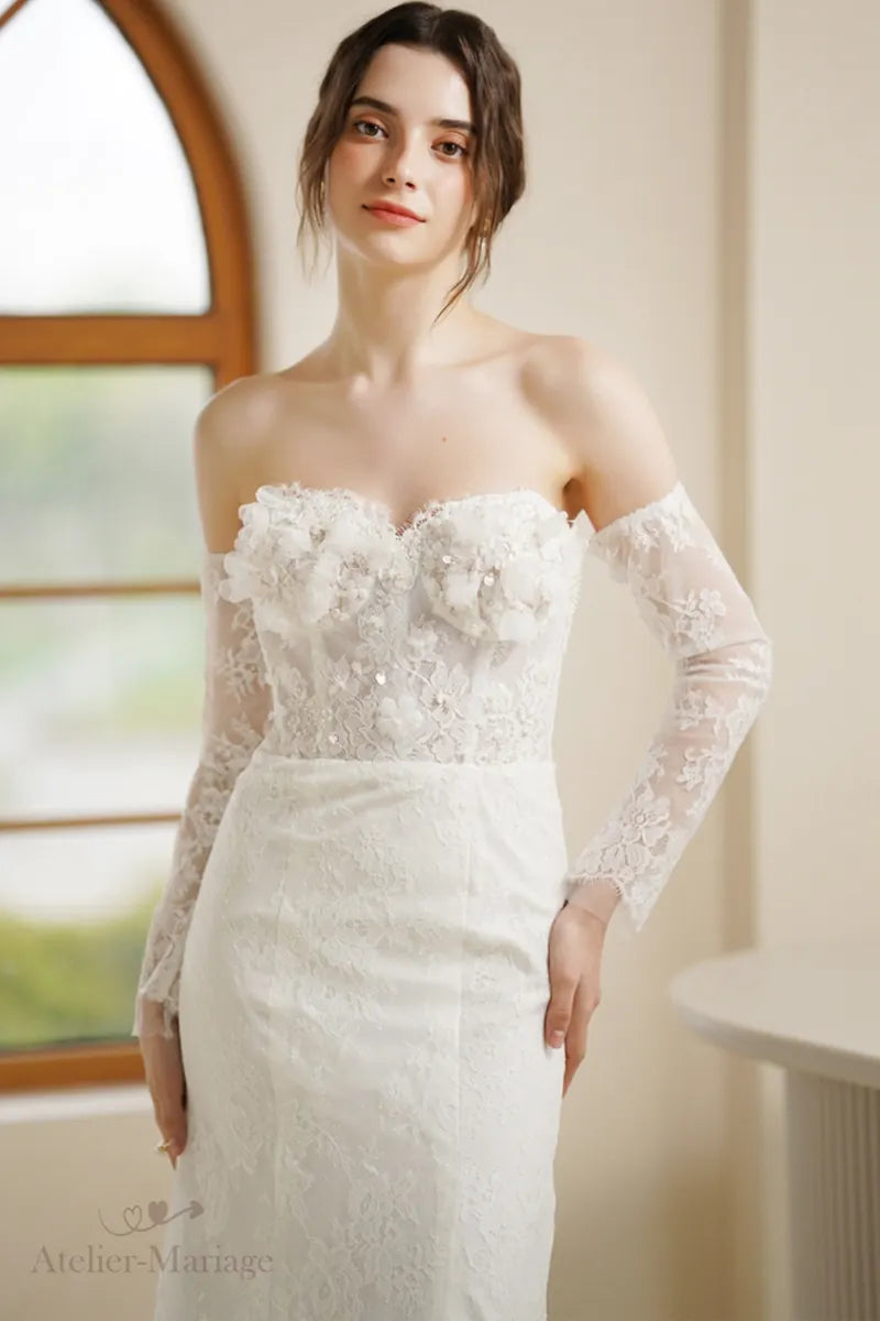 Robe de mariée manche longue bohème champêtre avec taille cintrée