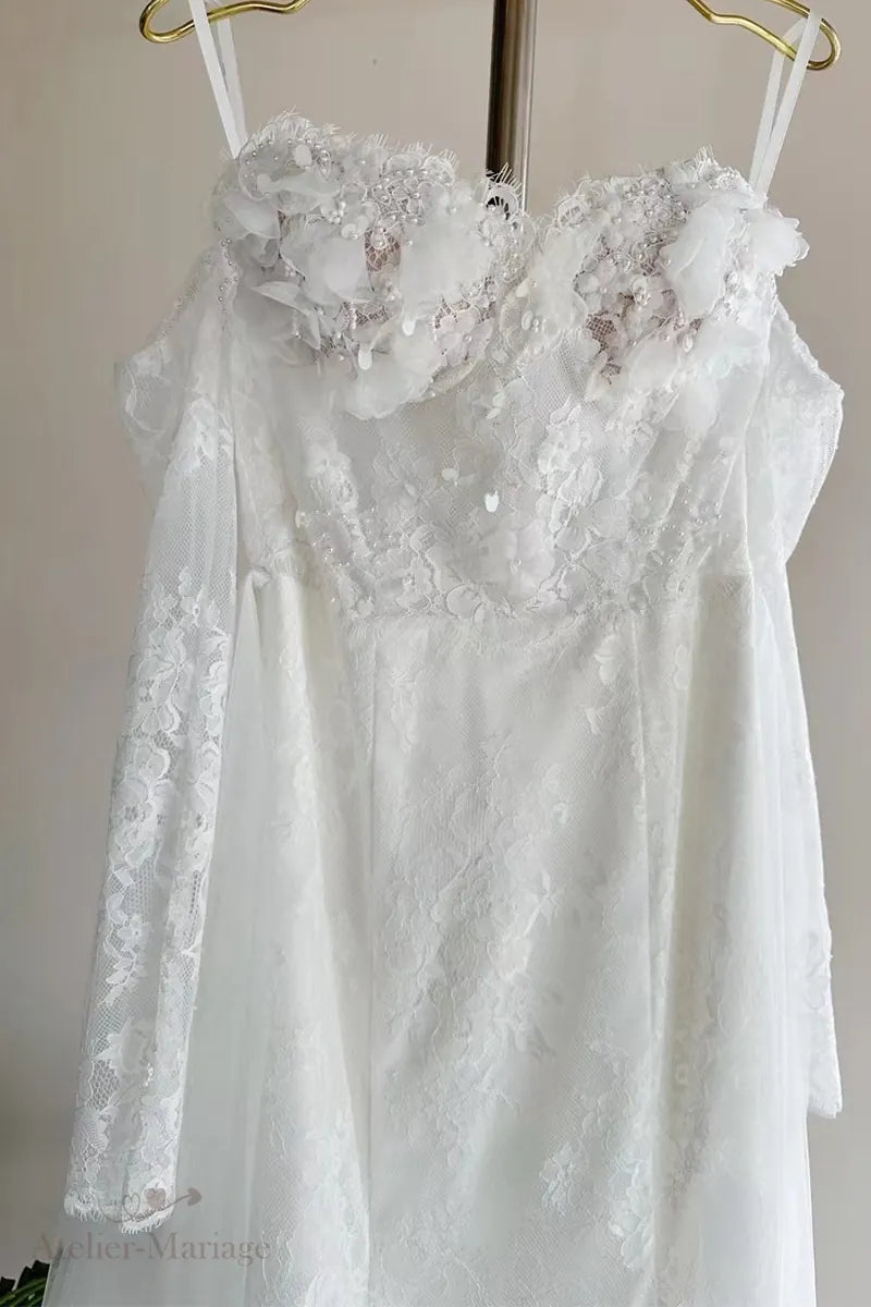 Détail du tissu de robe de mariée manche longue bohème champêtre