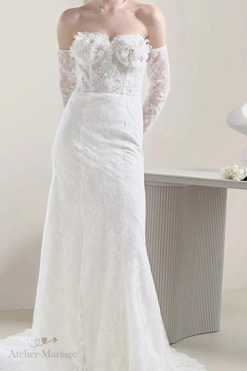 Face de robe de mariée manche longue bohème champêtre