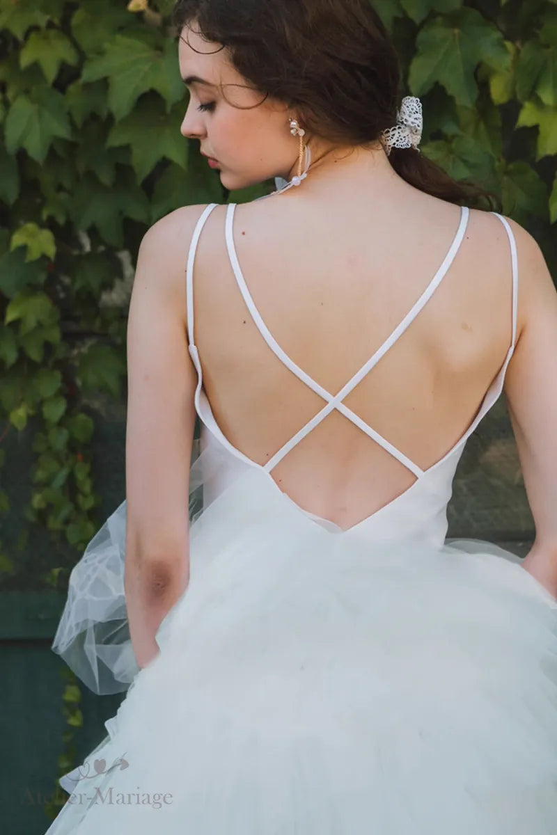 Bretelles de robe de mariée princesse en satin et tulle multicouches