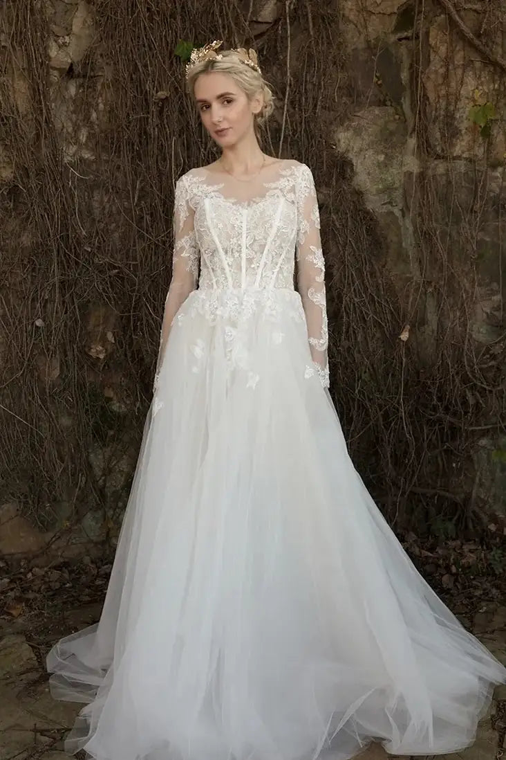 Robe mariée tulle dentelle manches longues jupe en mouvement légère