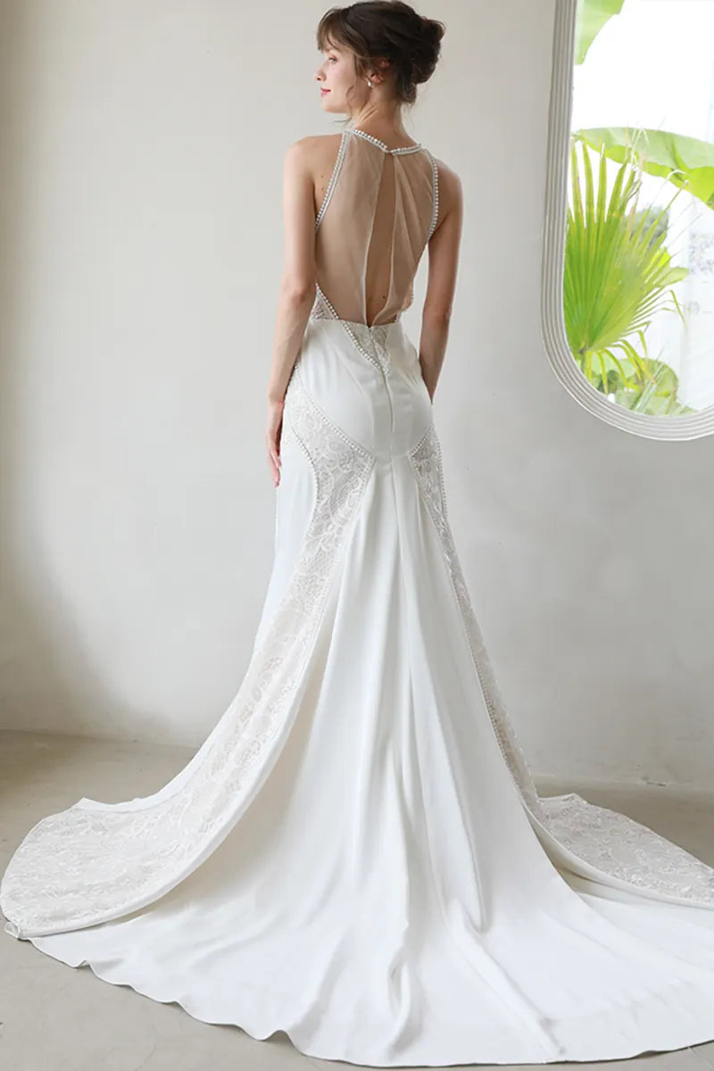 Robe de Mariée Satin et Dentelle Col Montant