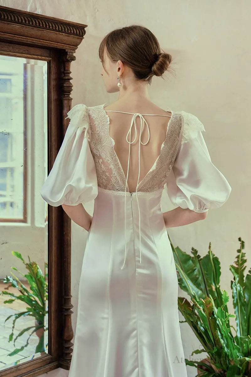 Robe de mariée satin soie dentelle vintage manches délicates dos ouvert élégante